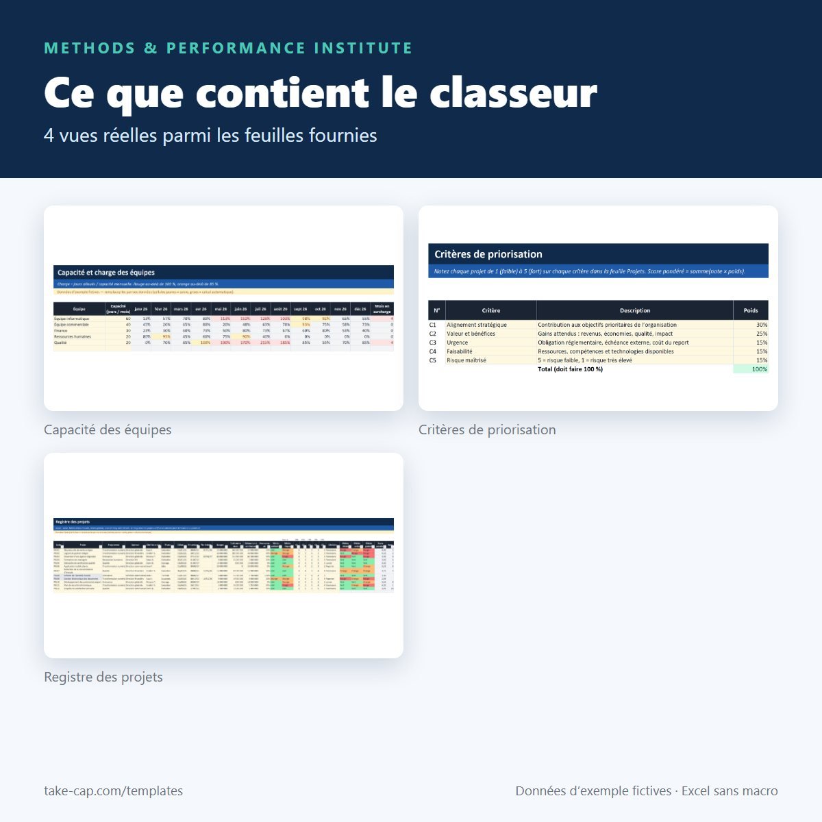Kit de gestion de portefeuille de projets — aperçu des feuilles du classeur