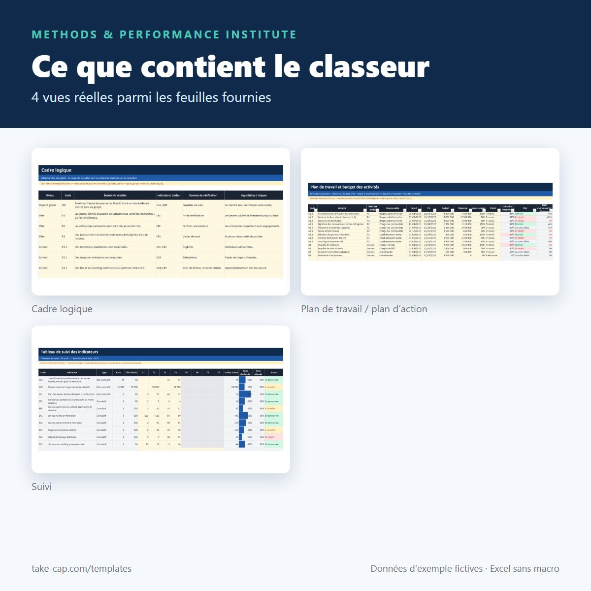 Kit de suivi-évaluation de projet — aperçu des feuilles du classeur