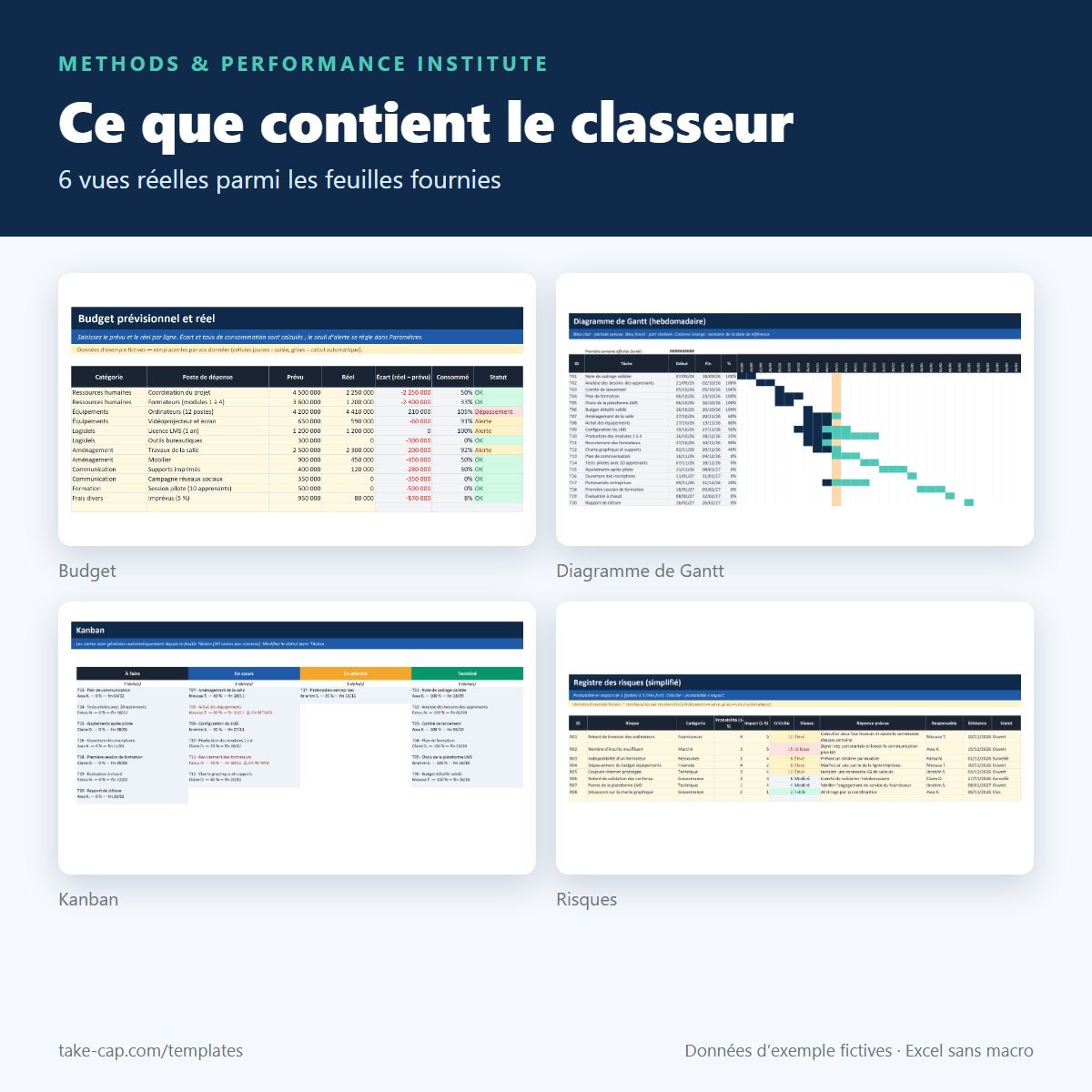 Project Management Toolkit — aperçu des feuilles du classeur